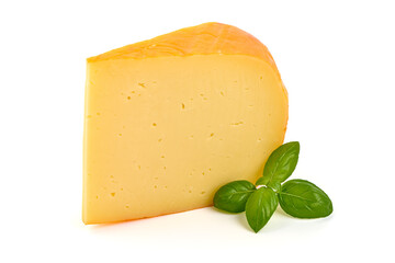 Hard Dutch gouda cheese, isolated on white background. - obrazy, fototapety, plakaty