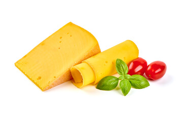 Semi-hard cheese with saffron, close-up, isolated on white background.