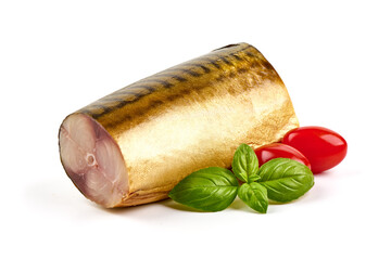 Smoked atlantic mackerel, isolated on white background.