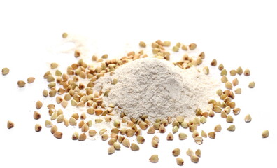 Buckwheat flour and grains isolated on white  