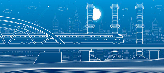 Train rides on the bridge. Three industrial pipes. City industry and transport illustration. Urban scene. White lines on blue background. Vector design art