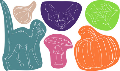 Vector illustration set for Halloween. cat, ghost, bat, mushroom