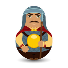 Bogatyr. Old Slavic warrior in a helmet, armor and with a spear in his hand. Design tilting toy. Modern kawaii dolls for your business project. Flat vector illustration.