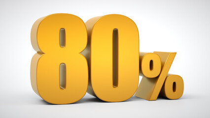 80% off sale. Gold percentage isolated on white background. 3D rendering. Illustration for advertising.