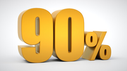 90% off sale. Gold percentage isolated on white background. 3D rendering. Illustration for advertising.