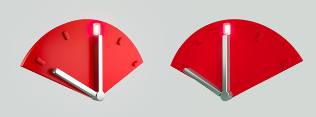3D rendering of two red clocks in geometric shapes