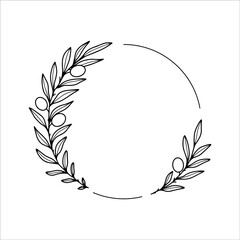 Hand drawn vector round frames with olives branches. Line art floral design with olives for invitations, logos, web, menu, greeting cards, posters, monograms, wedding decoration.