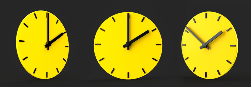 3D rendering of three yellow clocks in round shapes