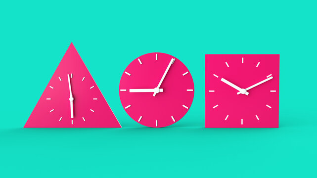 3D rendering of three pink clocks in geometric shapes