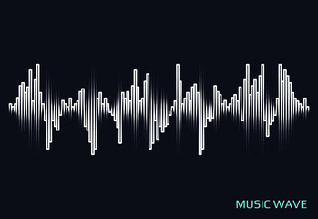 White wave lines on black background. Stylized frequency equalizer element. Vector sound pulse music player icon. Modern digital audio concept.