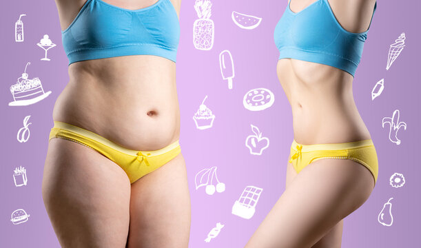 Woman's body before and after weight loss on a lilac background with painted food