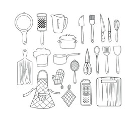 Fototapeta na wymiar Kitchen utensils set in doodle style. Hand drawn sketches of different cooking tools. Black and white vector objects.