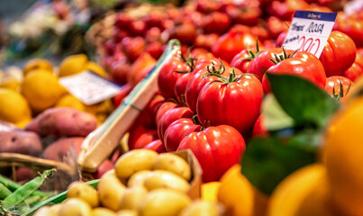 Vegetable market. Shelf with fresh vegetables