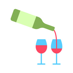 Wine bottle and two glasses flat line icon isolated on white background. Pouring red alcohol beverage tasting. Romantic party event celebration symbol logo design. Abstract drink vector illustration.
