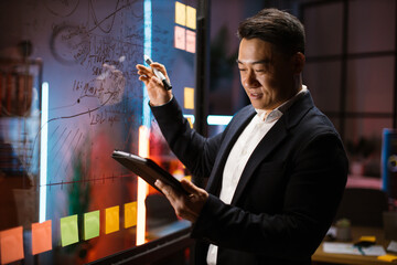 Likable mature Korean businessman writing on glass board with attached sticky notes while looking...