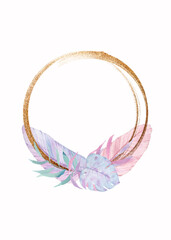 Watercolor tropical pink-blue leaves. Tropical leaves frame for summer wedding invitation, cards, logo, etc. Palm leaves, monstera, banana leaves. Golden frame with leaves.
