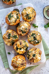 Vegetarian egg muffins with mushroom, green kale and feta cheese for Healthy keto diet Breakfast or lunch