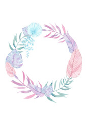 Watercolor tropical pink-blue leaves. Tropical leaves frame for summer wedding invitation, cards, logo, etc. Palm leaves, monstera, banana leaves. Golden frame with leaves.
