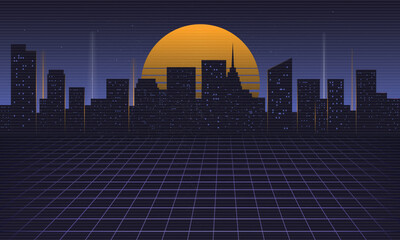 Retro neon night city background, Cityscape with retro sun and vintage grunge texture. Vaporwave, Cyberpunk, 1980s background. Vector illustration © Denys Holovatiuk