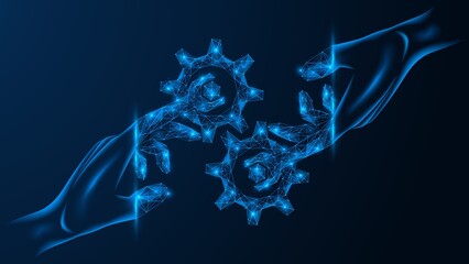 A smoothed joint mechanism of work. Fingers in the form of a wrench adjust the mechanical structure. Low-poly design of interconnected lines and particles. Blue background.