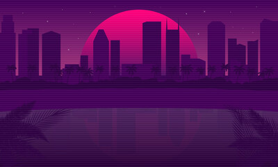 Retro Miami Beach background. Miami Cityscape isolated on a dark background with reflection in water, retro sun and vintage grunge textures. Vaporwave, Cyberpunk background. Vector illustration - obrazy, fototapety, plakaty