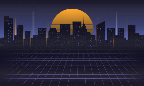Retro neon night city background, Cityscape with retro sun and vintage grunge texture. Vaporwave, Cyberpunk, 1980s background. Vector illustration