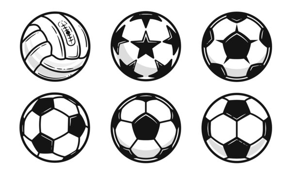 Vector soccer ball icons isolated on white background. Vintage soccer ball set. Design elements for logo, poster, emblem. Old soccer ball, Star soccer ball. Vector illustration