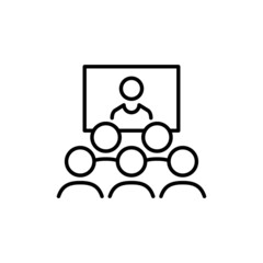 Speaker or conference thin line icon in black. Person teaches at an online presentation. Business coach behind the podium sign. Man on the background of a screen or blackboard. Ui, ux. Vector EPS 10