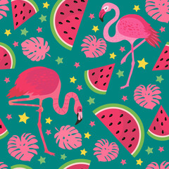 pink flamingos in different poses and watermelon. seamless pattern. vector image. for printing on fabrics, paper cups, wrapping paper, phone cases. for party