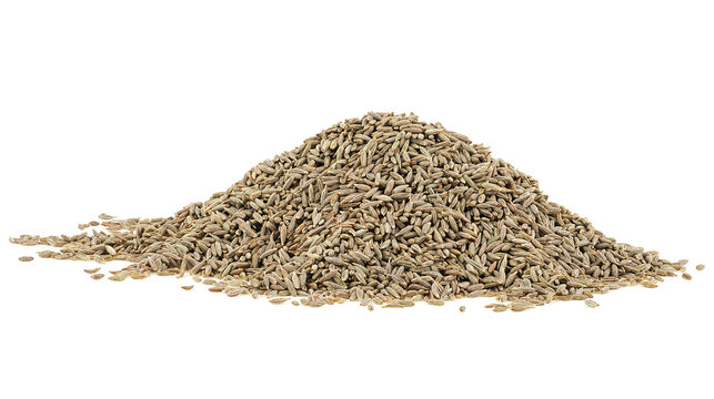 Pile of cumin seeds isolated on a white background. Seasoning cumin grain.