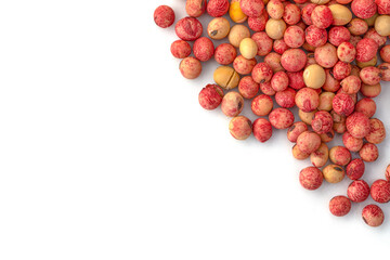 Soybean seeds treated with protective drugs on a white background.