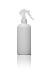 Mockup white reusable foggy spray bottle with squeeze handle pump, isolated on white background with copy space, cleaning supplies, recycled plastic. Reflection. 