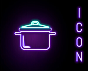 Glowing neon line Cooking pot icon isolated on black background. Boil or stew food symbol. Colorful outline concept. Vector