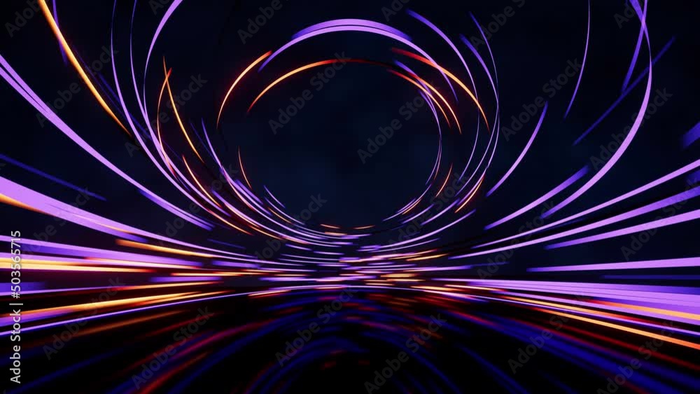 Poster glowing round illuminated lines with motion blur, 3d rendering.