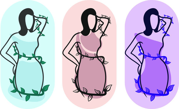 Woman girl in one line in different colors with a wrapping plant. Love for yourself, your body. Unity with nature. Feeling of self-confidence.