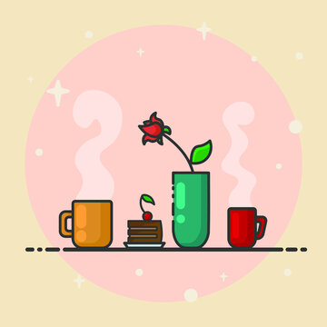 Two hot cups of drink, piece of cake,  vase with flower on the table. Cherry on chocolate cake. Table in a cozy cafe. Hot drinks, tea, coffee, outgoing steam. 