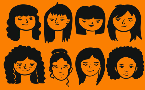 A Set Of Avatars Of Female Faces With Different Hairstyles, With Curly, Frizzy, Long, Short Hair. Set Of Vector Elements In Simple Free Flat Style.