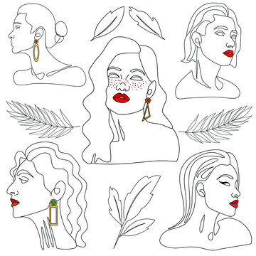 pack female linear woman red lips line leaves set