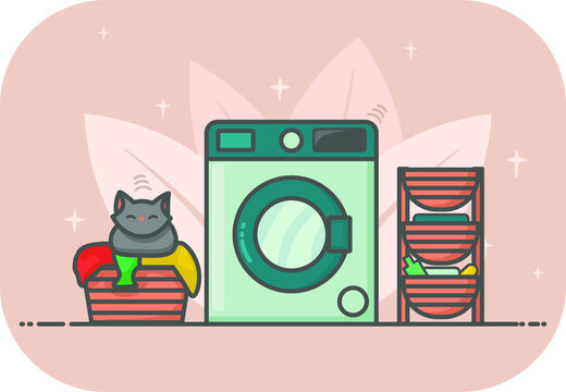 Laundry room, bathroom with washing machine, basket for dirty laundry, shelf for accessories, gray purring cat. Background with leaves. Feeling of purity, glare. Home furnishings. 