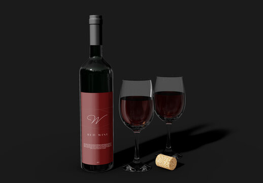 Wine Bottle and Two Cups Mockup