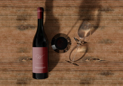 Top View of Wine Bottle and Cup Mockup