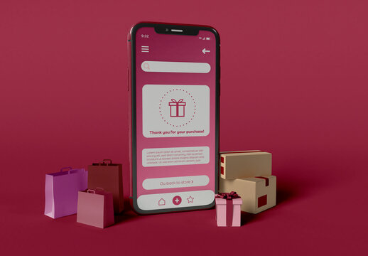 Smartphone with Shopping App and Gift Boxes Mockup