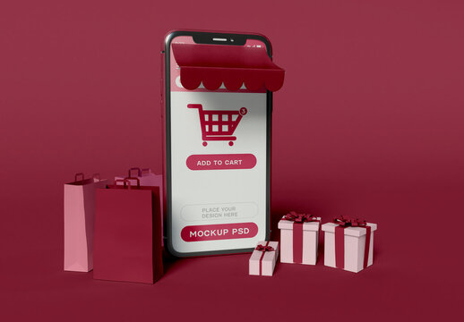 Smartphone with Shopping App and Gift Boxes Mockup