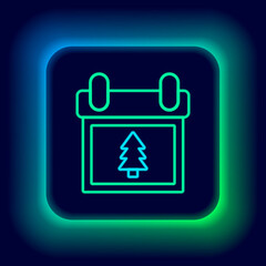 Glowing neon line Calendar with tree icon isolated on black background. Event reminder symbol. Merry Christmas and Happy New Year. Colorful outline concept. Vector