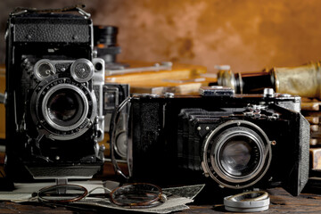 Old camera in the studio on an old background