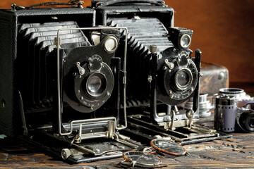 Old camera on wooden background
