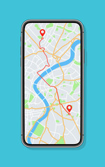 Phone with map and gps with location on screen. Mobile smartphone app with map of roads and pin with navigator of city. Vector. Application of street search and route navigation icons in town