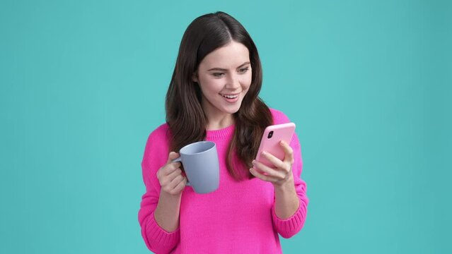 Lady resting drink latte blogging device isolated cyan color background
