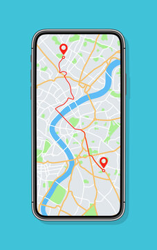 Phone with map and gps with location on screen. Mobile smartphone app with map of roads and pin with navigator of city. Vector. Application of street search and route navigation icons in town