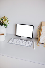 Pad tablet mockup with blank screen, keyboard, pen on home office desk table. Minimal design.